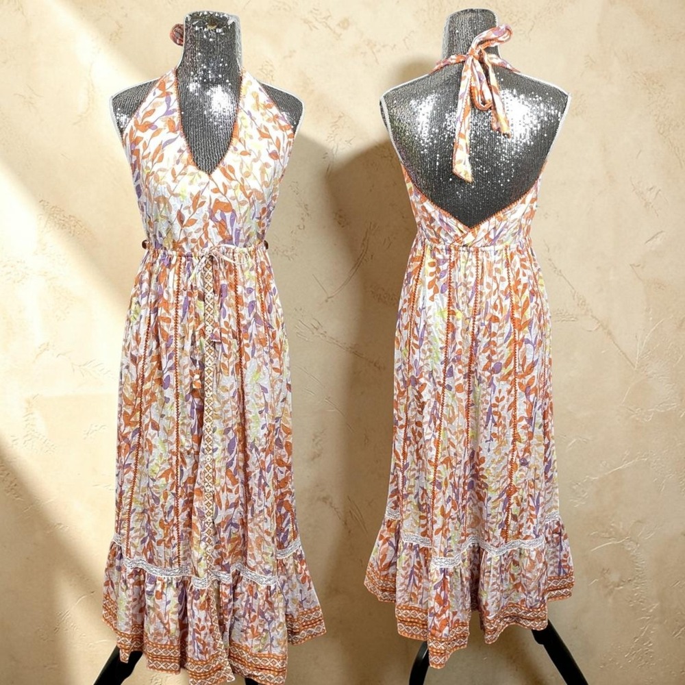 Poupette St Barth Boho Cotton Maxi Halter Tiered Floral Resort Small Festival